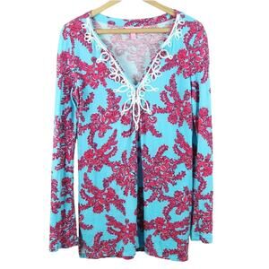 Lilly Pulitzer Knit Tunic Top Size XS Blue and Hot Pink Lace Trim Resort Wear XS